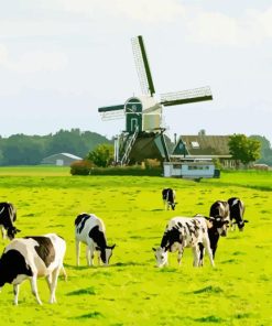 Holstein Cows With Windmill Diamond Painting