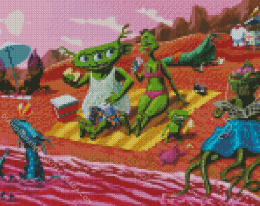 Alien Family On Beach Diamond Painting