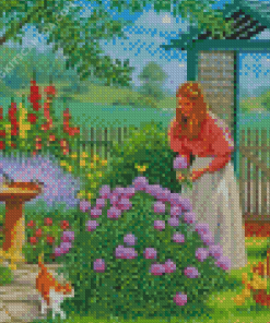 Girl And Cat In Garden Diamond Painting