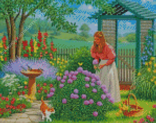 Girl And Cat In Garden Diamond Painting