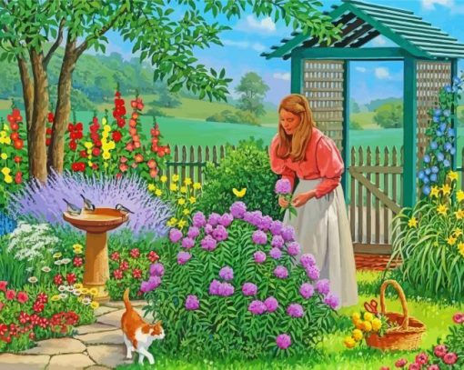 Girl And Cat In Garden Diamond Painting