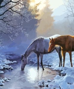Horses in Forest Snow Diamond Painting