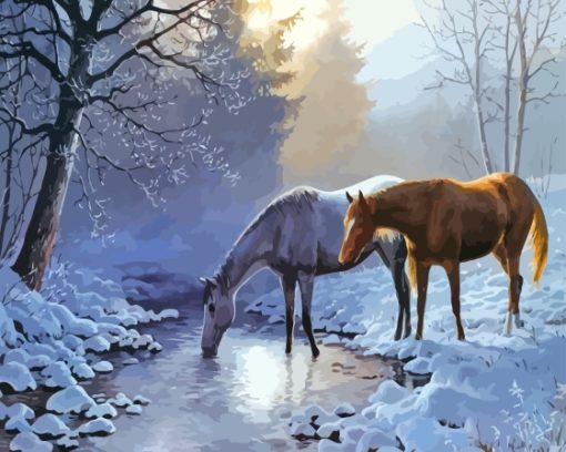 Horses in Forest Snow Diamond Painting