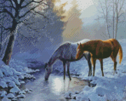 Horses in Forest Snow Diamond Painting