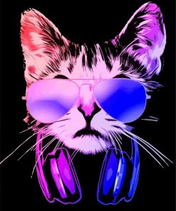 Neon Cat With Headphones Diamond Painting