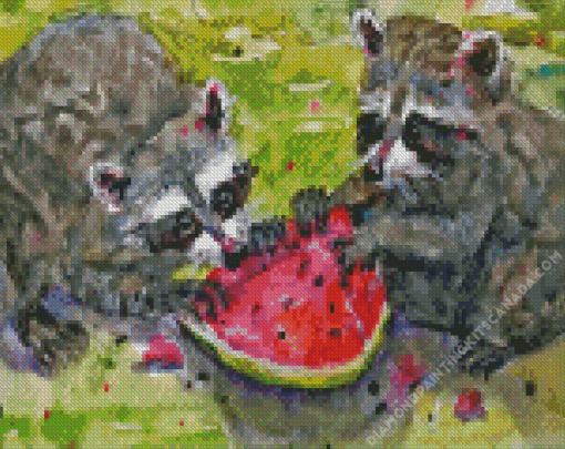 Raccoons Eating Watermelon Diamond Painting