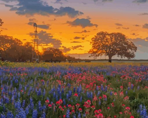 Windmill And Bluebonnets Diamond Painting