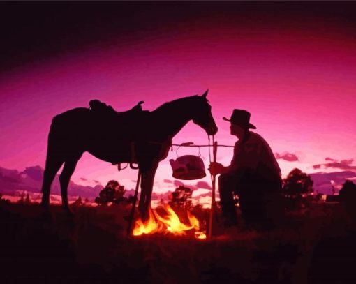 Cowboy Scene Sunset Silhouette Diamond Painting