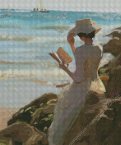Lady Reading A Book In The Beach Diamond Painting