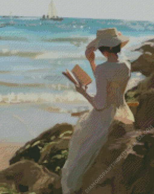 Lady Reading A Book In The Beach Diamond Painting