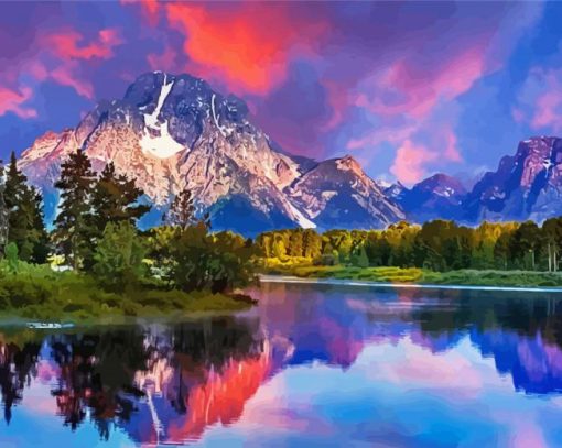 Landscape River Teton Mountain Reflection Diamond Painting