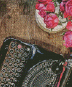 Vintage Typewriter With Pink Flowers Diamond Painting