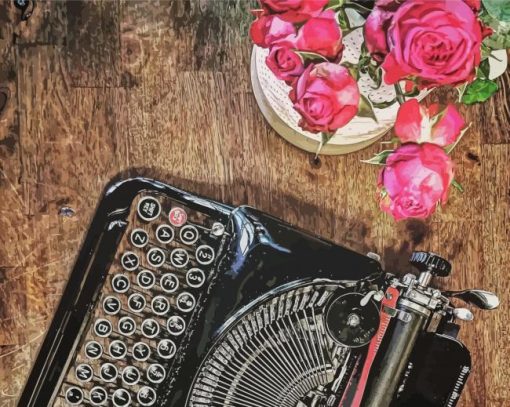 Vintage Typewriter With Pink Flowers Diamond Painting