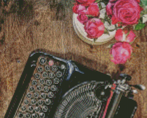 Vintage Typewriter With Pink Flowers Diamond Painting