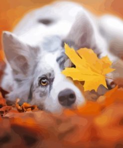 White Dog In Leaves Diamond Painting