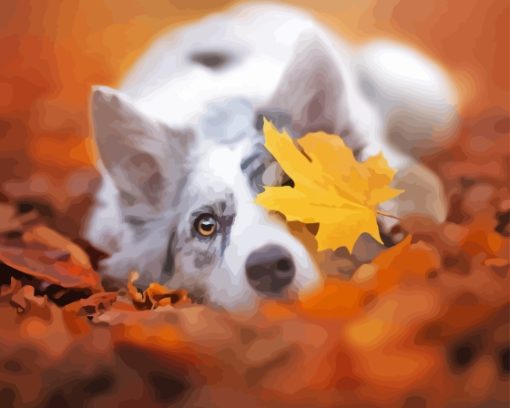 White Dog In Leaves Diamond Painting