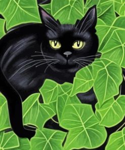 Black Cat Behind Leaves Diamond Painting