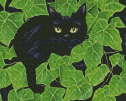 Black Cat Behind Leaves Diamond Painting