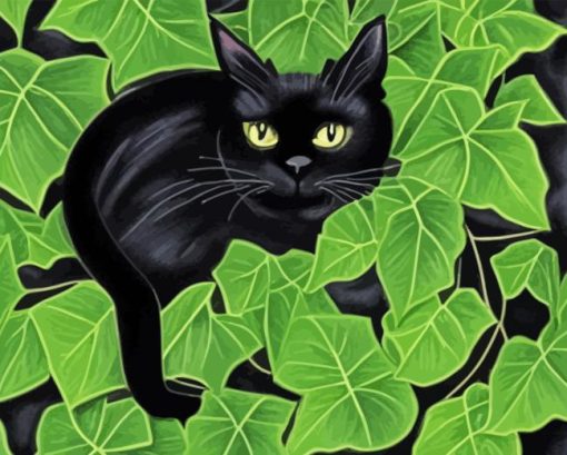 Black Cat Behind Leaves Diamond Painting