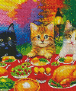 Cats Eating At Dinner Table Diamond Painting