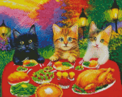 Cats Eating At Dinner Table Diamond Painting