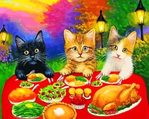 Cats Eating At Dinner Table Diamond Painting