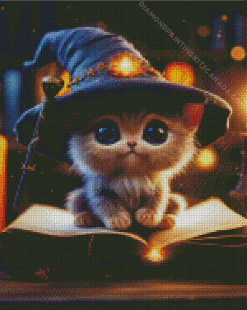 Kitten Witch With Book Diamond Painting