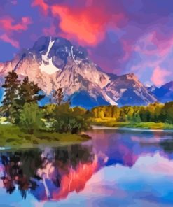Mountain and River Pink Clouds Diamond Painting