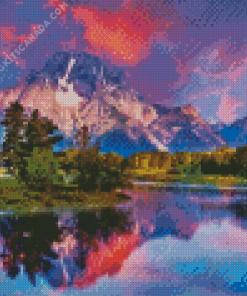 Mountain and River Pink Clouds Diamond Painting