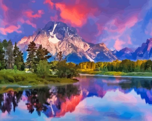 Mountain and River Pink Clouds Diamond Painting