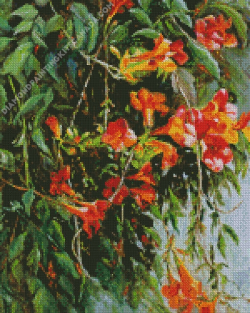 Orange Trumpet Vines Plants Branch Diamond Painting