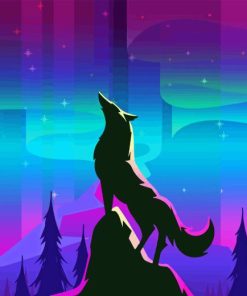 A Wolf With Northern Light In The Sky Diamond Painting
