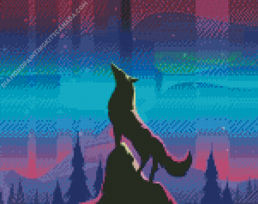 A Wolf With Northern Light In The Sky Diamond Painting