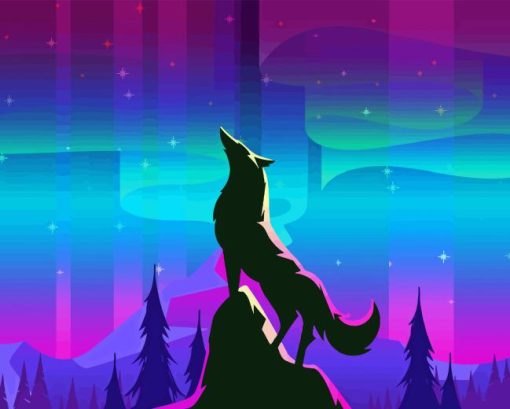 A Wolf With Northern Light In The Sky Diamond Painting