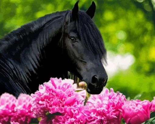 Beautiful Black Horse And Flowers Diamond Painting