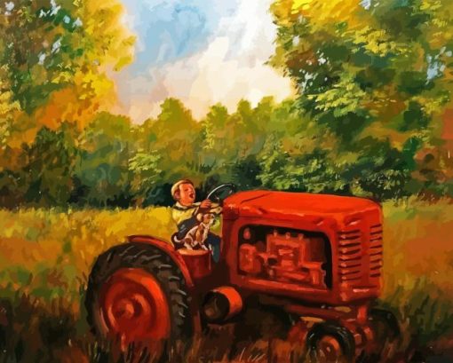 Boy On Tractor Art Diamond Painting