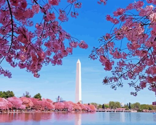 Cherry Blossoms Washington Monument Diamond Painting