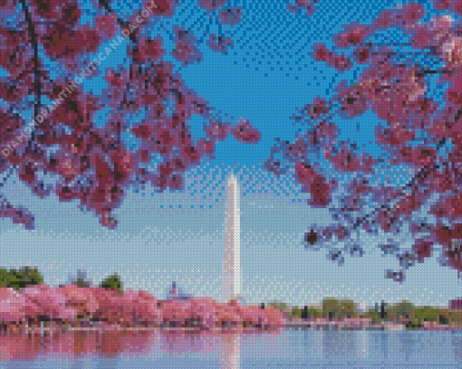 Cherry Blossoms Washington Monument Diamond Painting