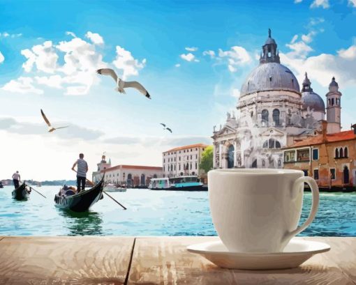 Coffee with Venice Boats View Diamond Painting