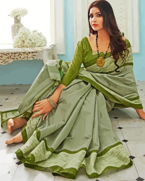 Green Indian Saree Diamond Painting