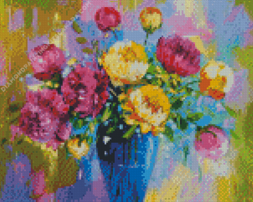 Peonies In a Blue Vase Abstract Diamond Painting