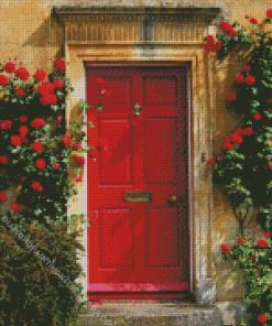 Red Door With Red Flowers Diamond Painting