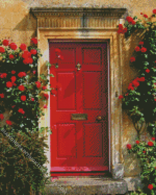 Red Door With Red Flowers Diamond Painting