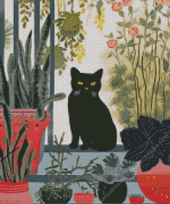 Black Cat And Plant Diamond Painting