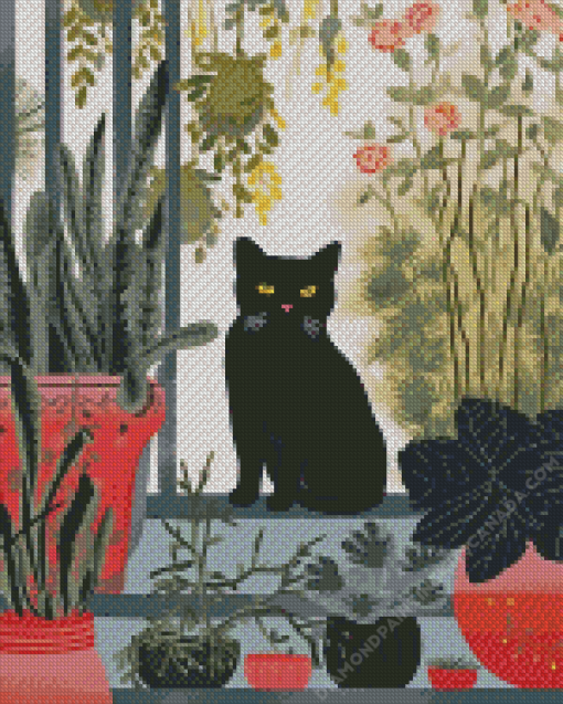 Black Cat And Plant Diamond Painting