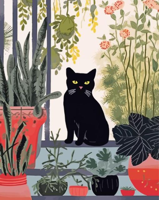 Black Cat And Plant Diamond Painting