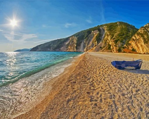 Blue Boat in Myrtos Beach Diamond Painting