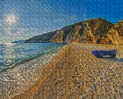 Blue Boat in Myrtos Beach Diamond Painting