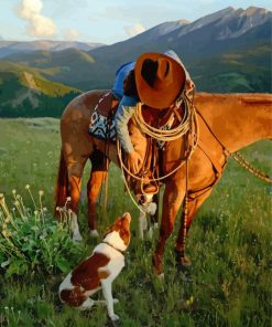 Cowboy With Horse And Dog In Nature Diamond Painting