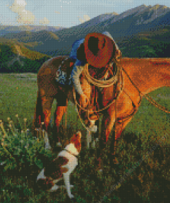 Cowboy With Horse And Dog In Nature Diamond Painting